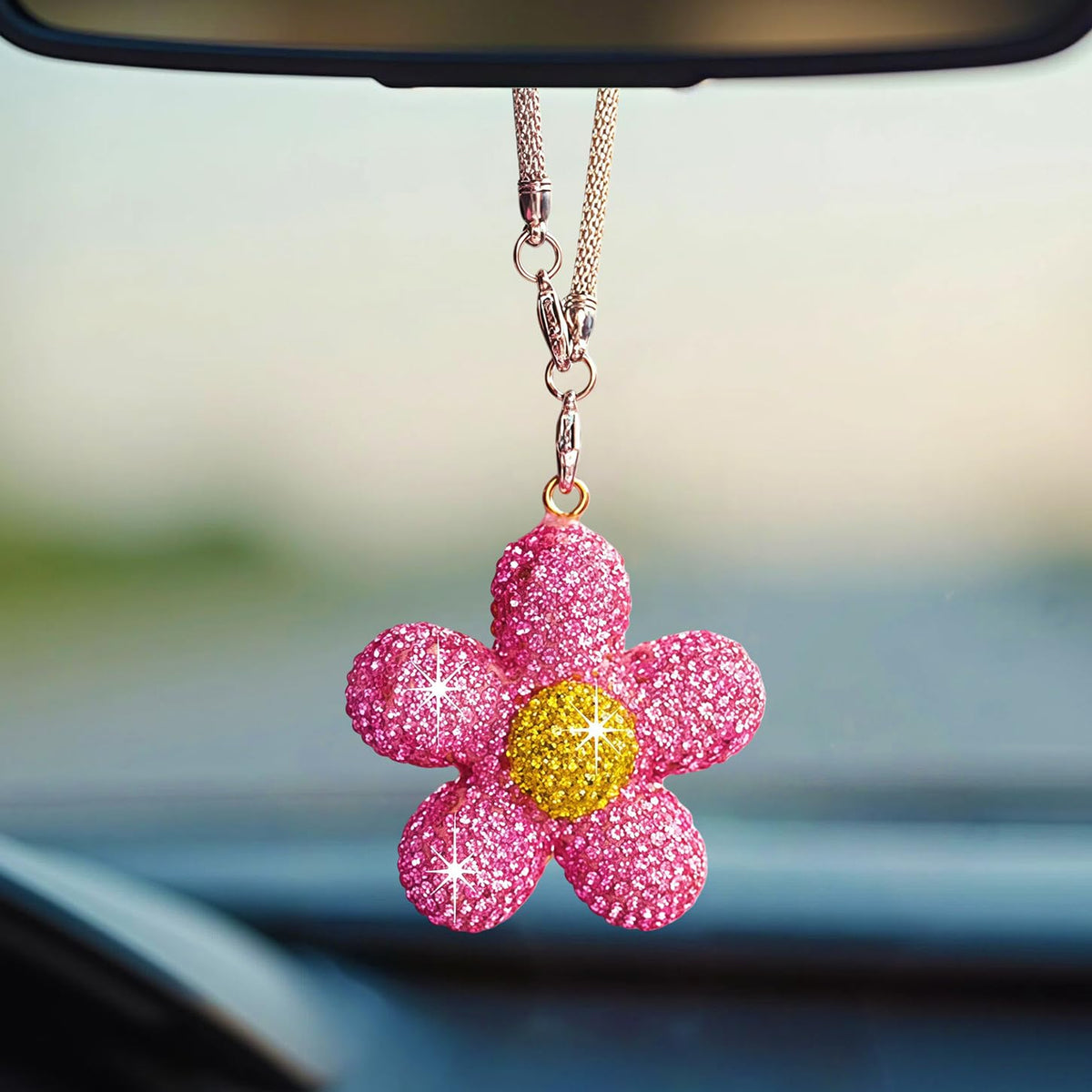 Bling Daisy Flower Car Hanging Ornament for Women, Cute Crystal Rear View Mirror Pendant Charms Sparkly Diamond Aesthetic Automotive Interior Decor Accessories (Yellow)