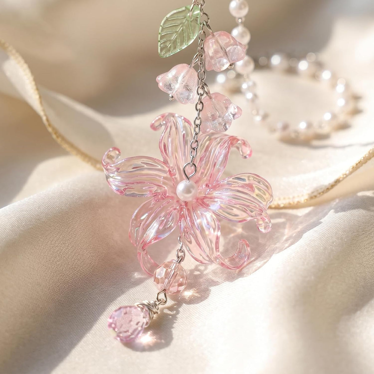 Lily of the Valley Car Charm Hanging Ornament - Floral Rear View Mirror Pendant with Crystal Leaf Beads, Handmade Resin Flower Auto Interior Accessory for Car Truck SUV, Gift for Women Girls (Pink)