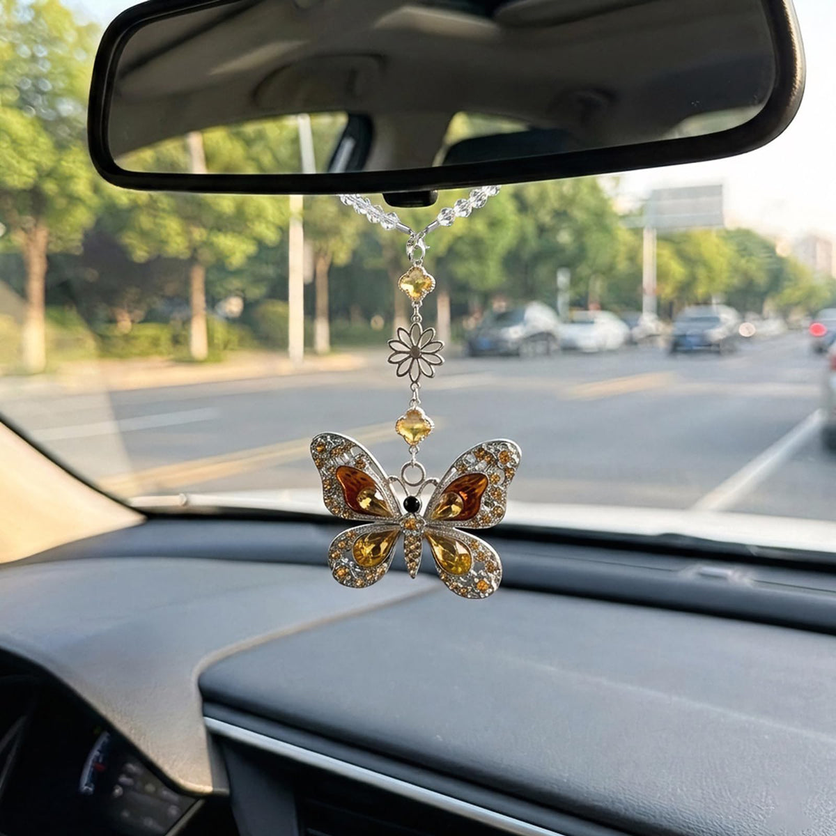 Butterfly Car Accessories Rearview Mirror Hanging Charm, Crystal Suncatcher Car Decor for Women, Aesthetic Hanging Crystals Rainbow Maker Ornament for Automotive Windows Home Room (Pink)