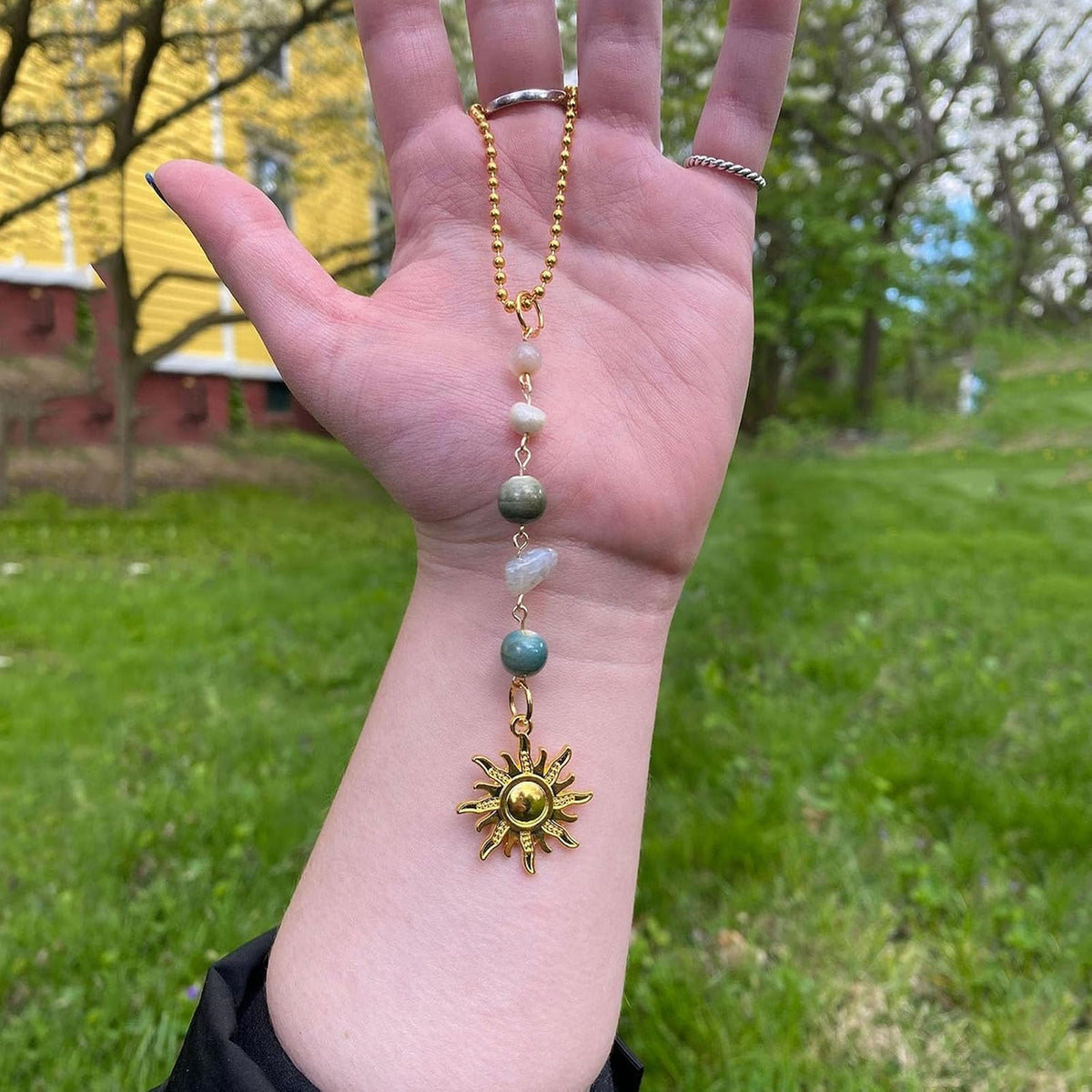Sun Hanging Car Charm,Gold Rear View Mirror Accessories,Boho Crystals Decor