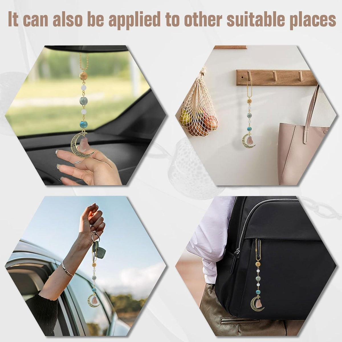 Boho Moon Hanging Car Charm, Crystal Rearview Mirror Pendant, Car Decor for Women, Cute Ceramic Accessory