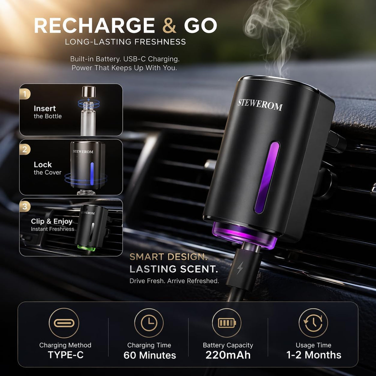 Car Air Freshener - Smart Adjustable 3-Speed Intensity, Rechargeable Humidifier Car Essential Oil Diffuser - Comes with 8 Bottles of 10ml Perfume (Black)