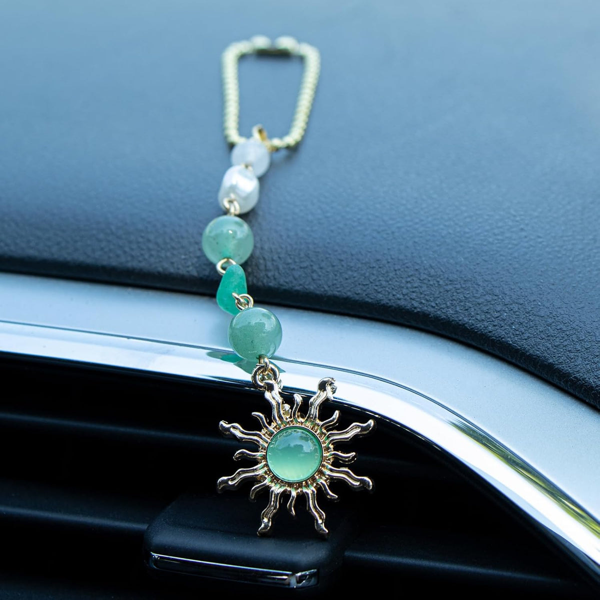 Sun Hanging Car Decor, Rear View Mirror Accessories, Cute Boho Car Accessories for Women, Handmade Charm, Natural Crystals Stones Ornament (Green Stone)
