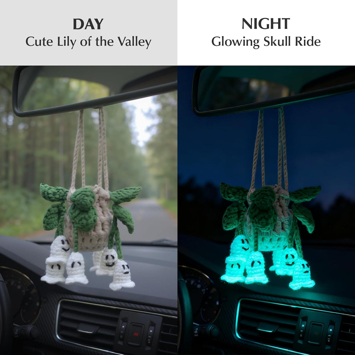 ROFIGL Handmade Crochet Hanging Car Air Freshener - Glow-in-the-Dark Lily of the Valley Plant with 12ml Refillable Essential Oil Diffuser Bottle, Halloween Car Accessories & Bedroom Nightlight Decor