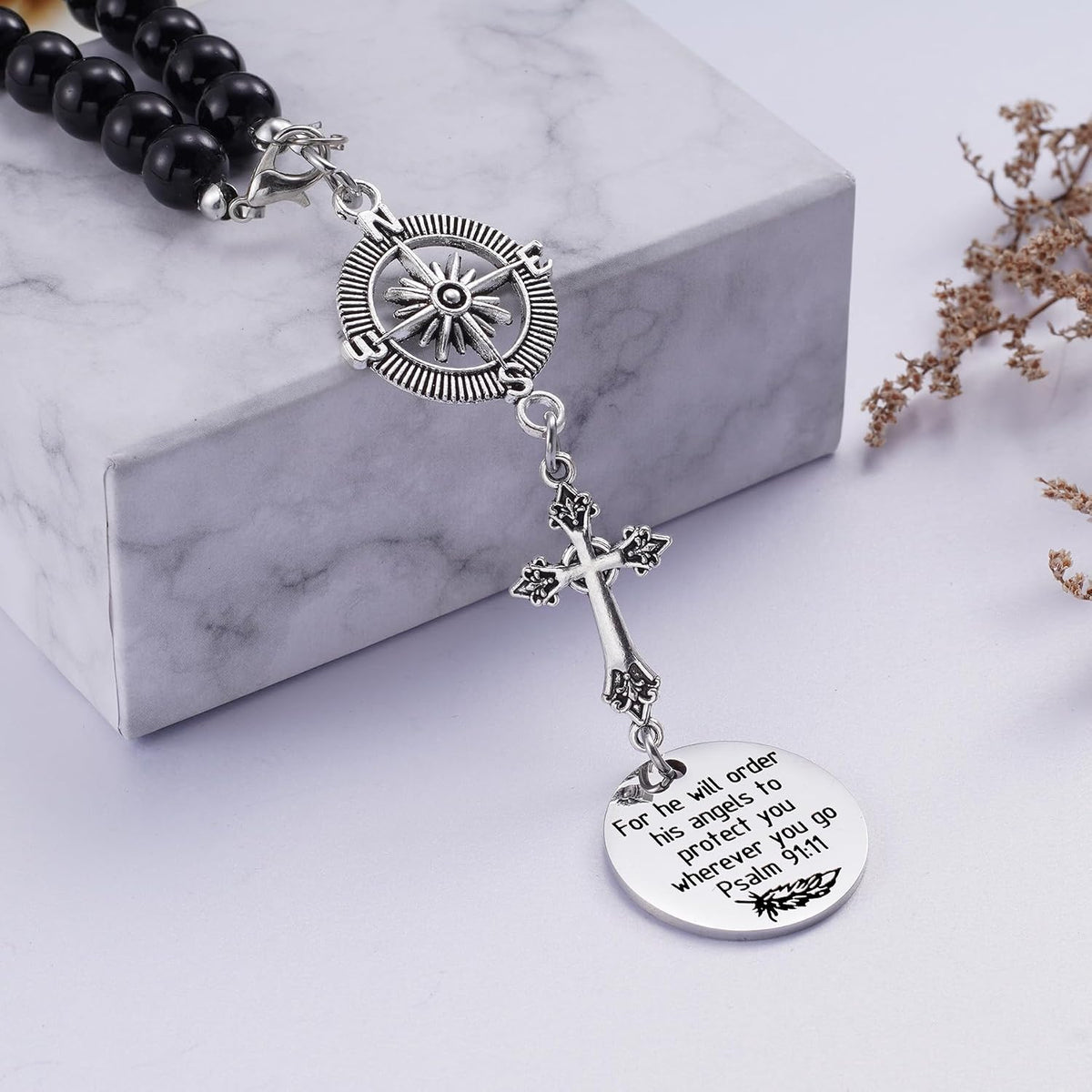 Ralukiia Cross Car Charm, for He Will Order His Angels to Protect You Wherever You Will Go, Rear View Mirror Car Charm, Psalm 91:11, Bible Verse, Religious Gifts for Women