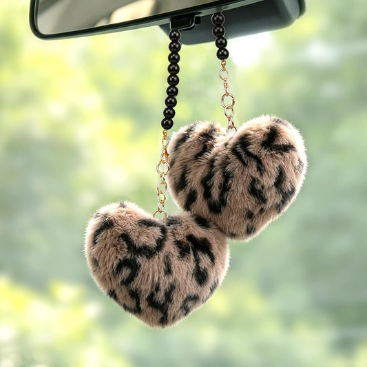 YGMONER Leopard Fuzzy Heart Car Mirror Hanging Accessories, Pair of Fluffy Cheetah Heart Shape Pendant with Glass Bead Chain - Elegant Rear View Mirror Decor Accessory (Brown Leopard)