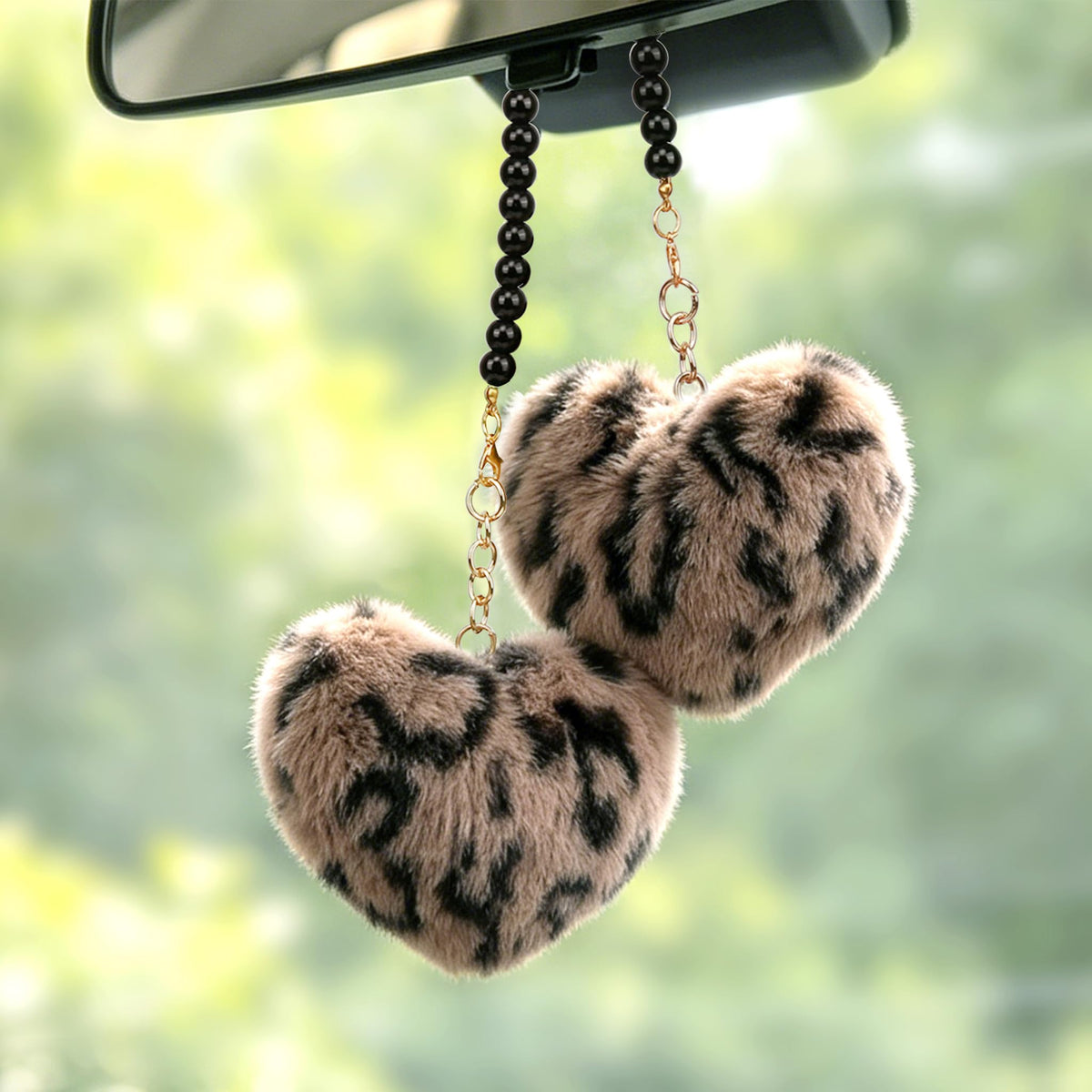 YGMONER Leopard Fuzzy Heart Car Mirror Hanging Accessories, Pair of Fluffy Cheetah Heart Shape Pendant with Glass Bead Chain - Elegant Rear View Mirror Decor Accessory (Brown Leopard)