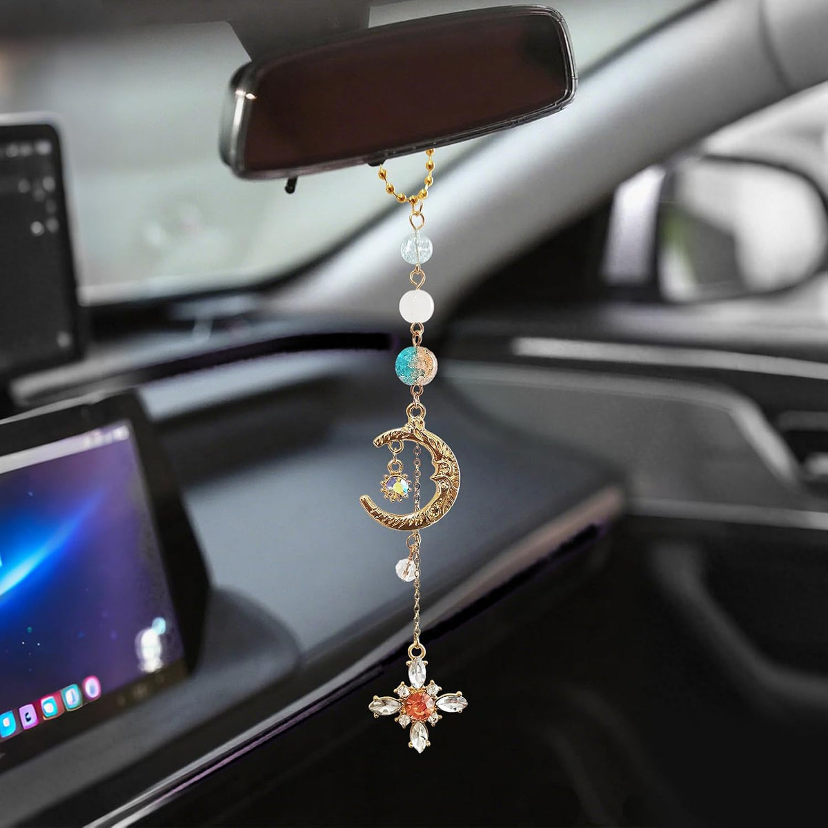 Sun Moon Car Charm Hanging, Boho Dangling Automotive Decor-Rear View Mirror Decoration with Handmade Healing Crystals Stones, Cute Interior Ornament Car Accessories