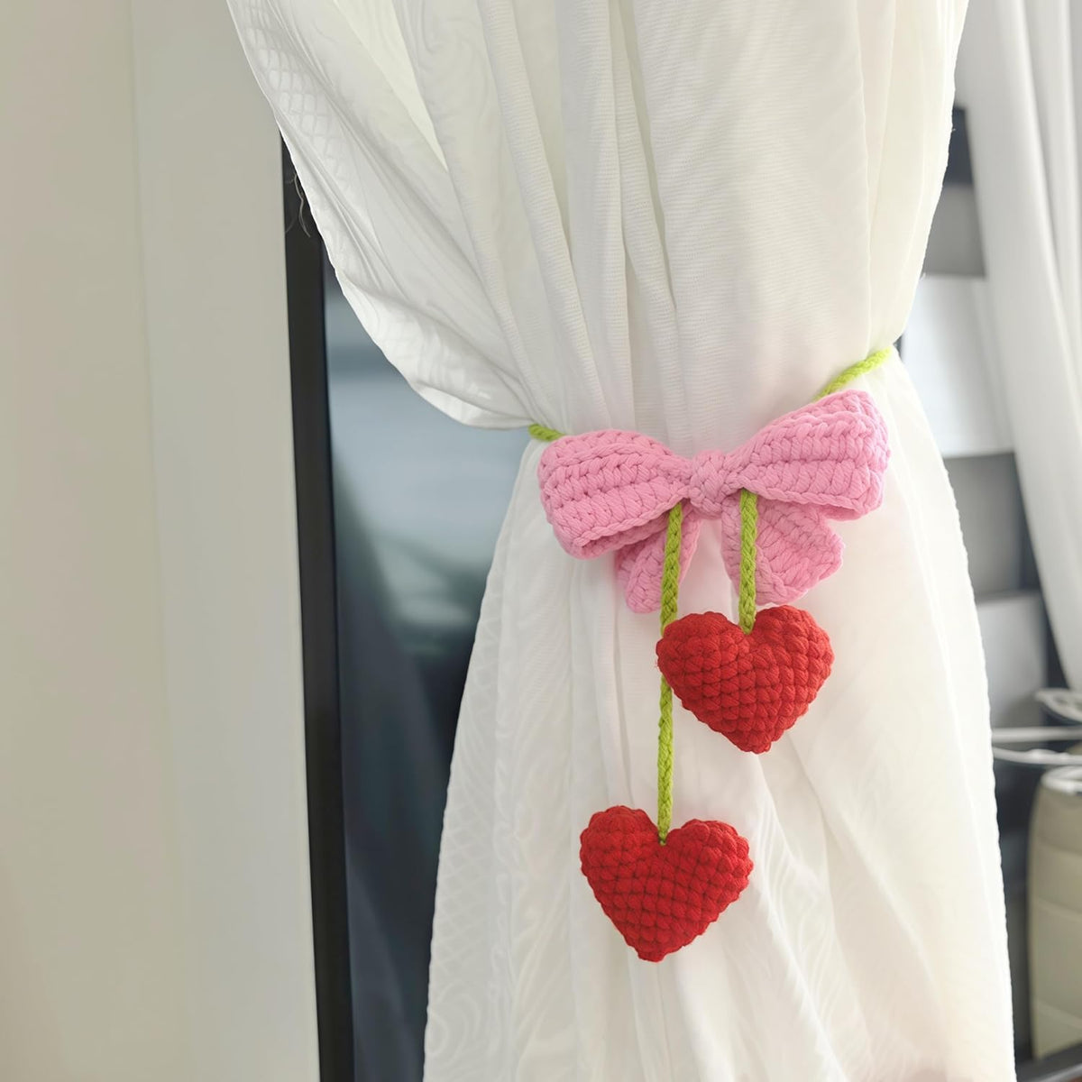 Cute Bowknot Love Car Mirror Hanger, Crochet Hand Knitted Rear View Mirror Accessory