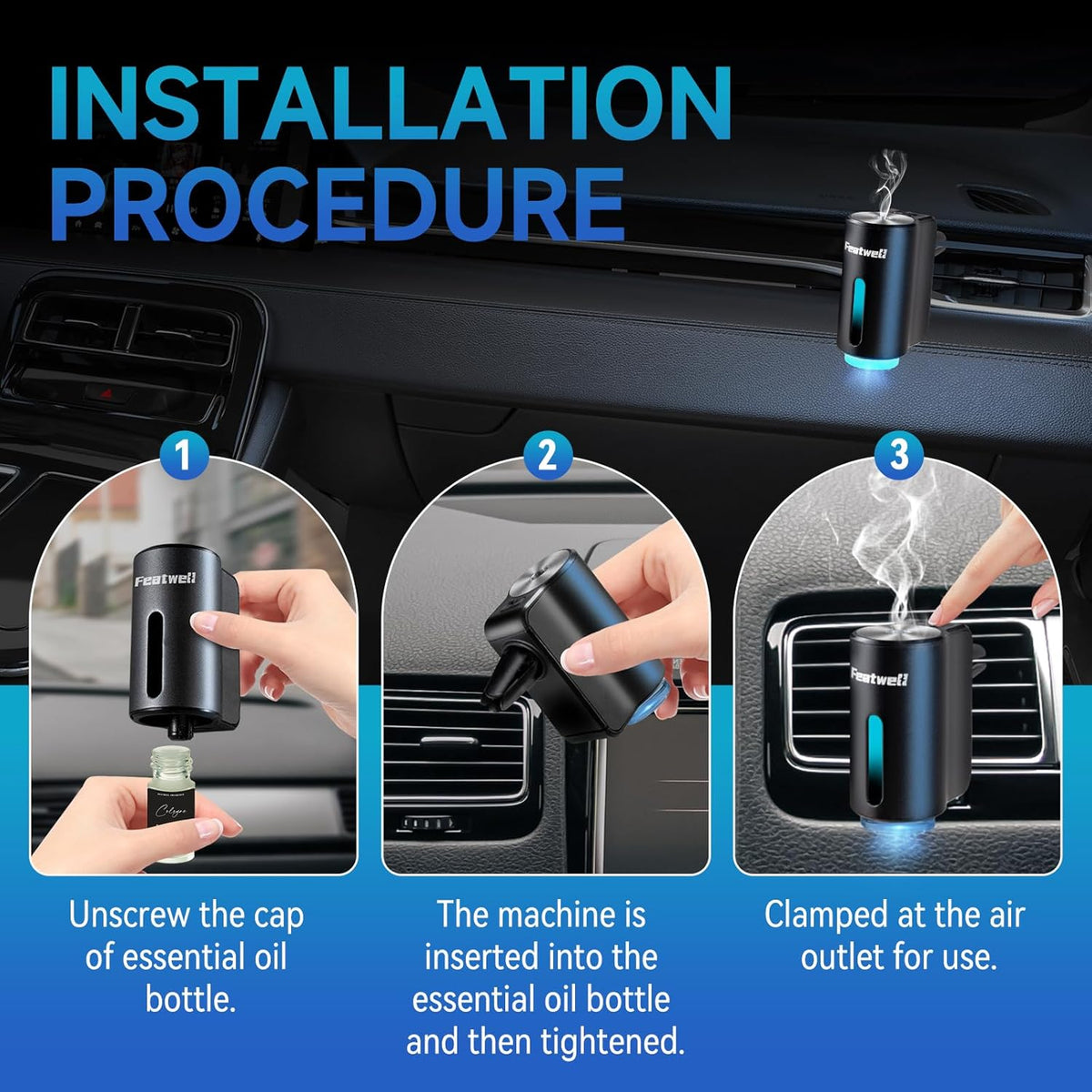 Featwell Car Air Freshener, Air Freshener Diffuser Three Adjustable Modes, Aromatherapy Machine Rechargeable (Black)