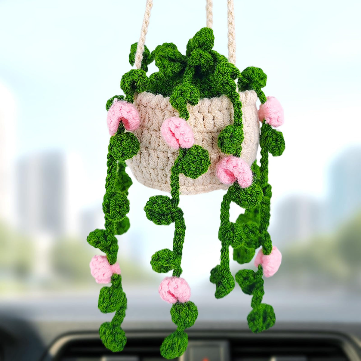 Crochet Strawberry and Flower Car Hanging Ornaments, Cute Aesthetic Rearview Mirror Hanging Accessories for Women and Girls, Handmade Polyester Fiber Car Decor 2-Pack