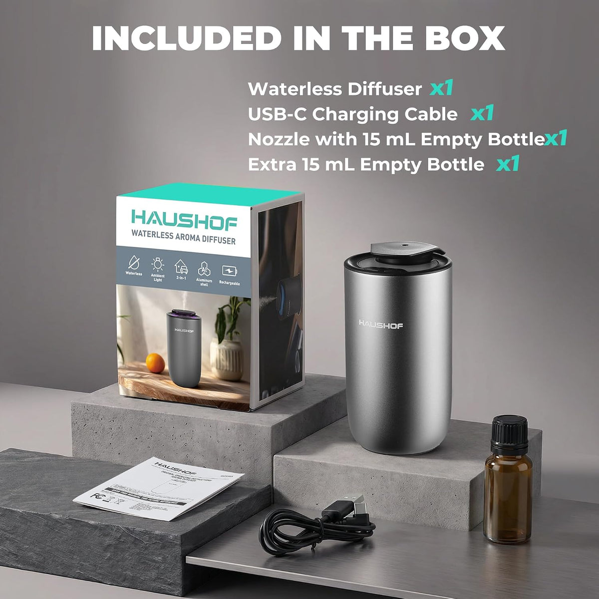 HAUSHOF Waterless Essential Oil Diffuser for Home & Car, Rechargeable