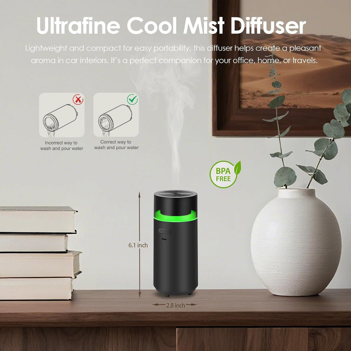 HODEMI Portable Smart Essential Oil Diffuser,Cold Mist Car Air Freshener Aromatherapy Diffuser with 10 LED Lights,Built-in Battery,Auto On/Off,4/8 Timer Modes,for Home Office and Travel (Black)