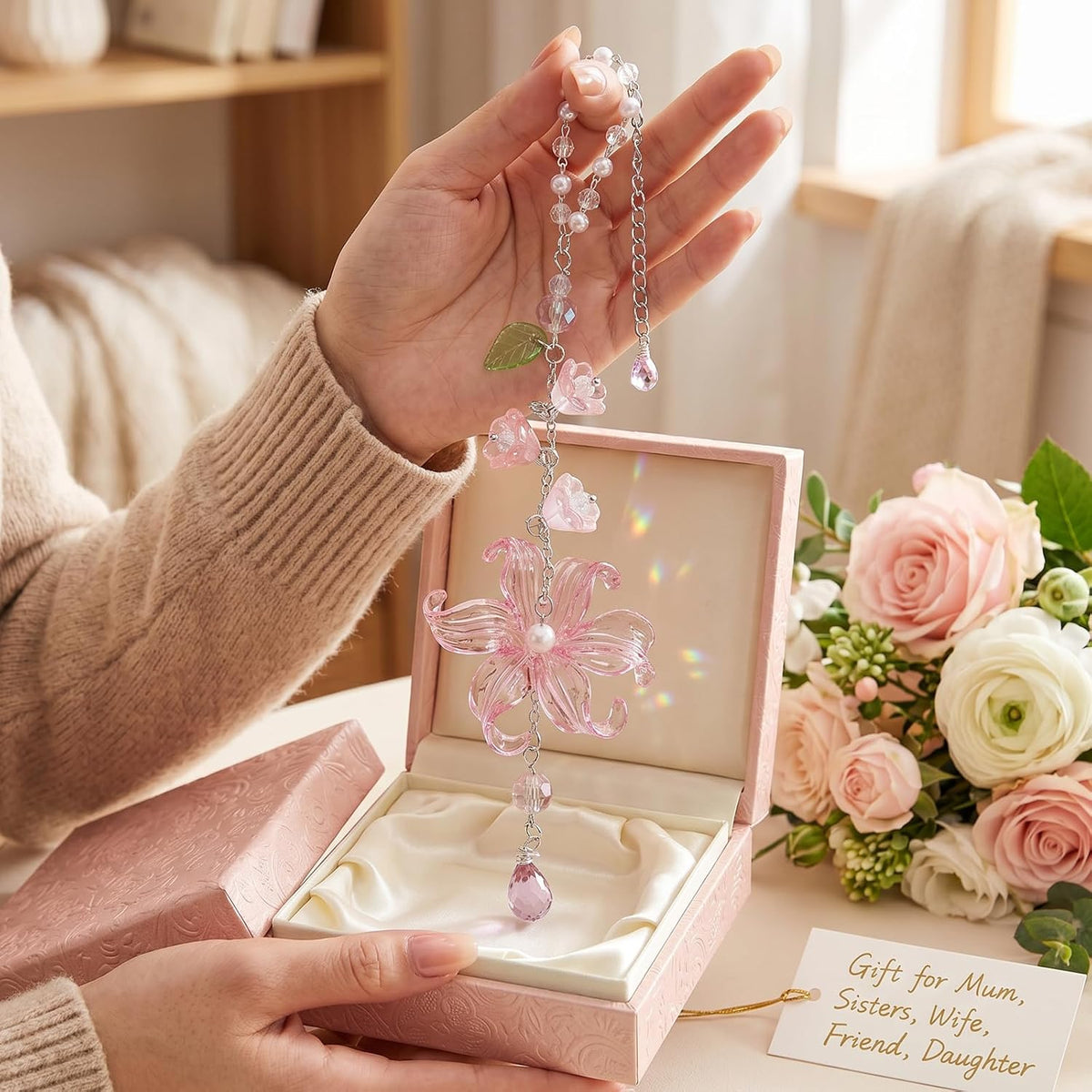 Lily of the Valley Car Charm Hanging Ornament - Floral Rear View Mirror Pendant with Crystal Leaf Beads, Handmade Resin Flower Auto Interior Accessory for Car Truck SUV, Gift for Women Girls (Pink)