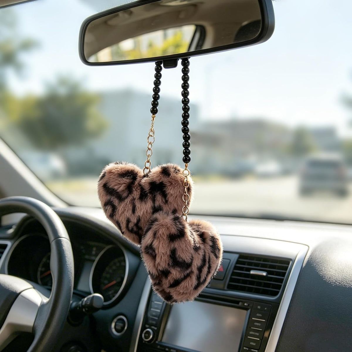 YGMONER Leopard Fuzzy Heart Car Mirror Hanging Accessories, Pair of Fluffy Cheetah Heart Shape Pendant with Glass Bead Chain - Elegant Rear View Mirror Decor Accessory (Brown Leopard)