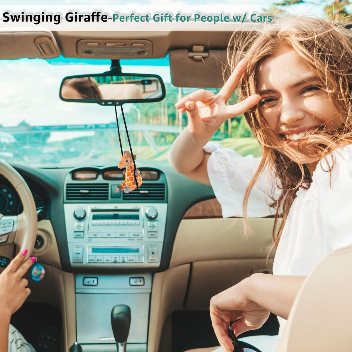 Handmade Wooden Swinging Giraffe Car Hanging Ornament - Cute Hand Carved Painted Wood Giraffe Figurine Car Mirror Hanging Accessories Decor Gifts