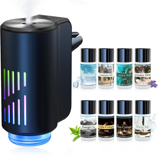 Car Air Freshener Diffuser, Smart Car Air Freshener with Three Adjustable Light Modes, Rechargeable Aromatizante Para Carro with 8pcs Essential Oil,Long Lasting, Black