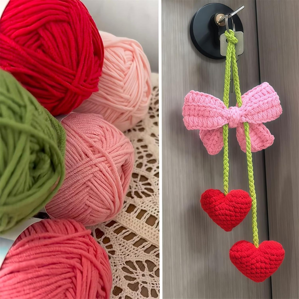Cute Bowknot Love Car Mirror Hanger, Crochet Hand Knitted Rear View Mirror Accessory
