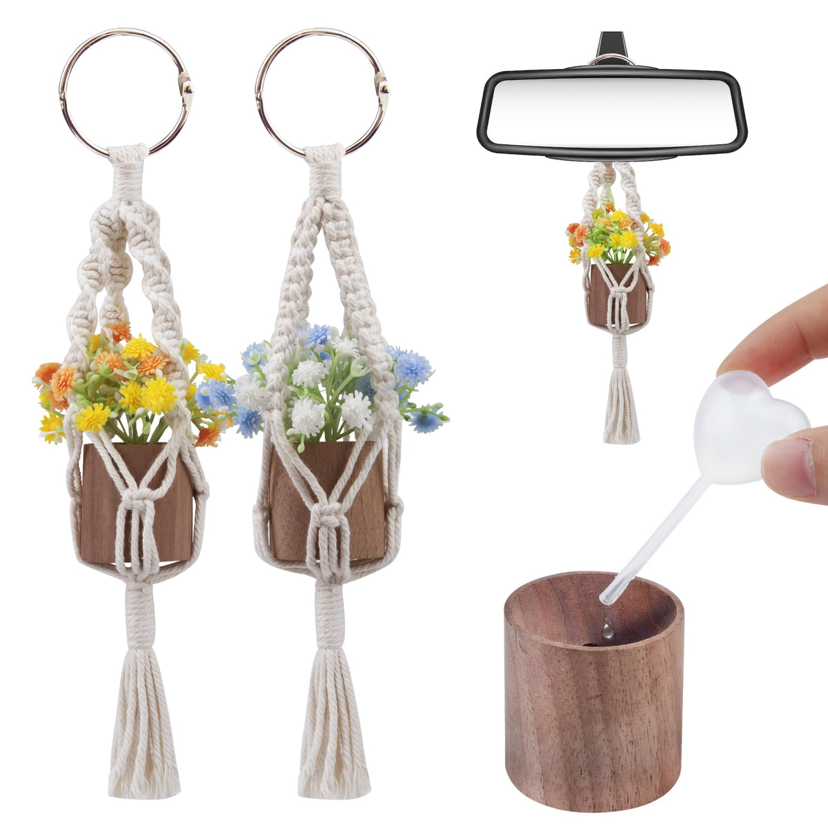 2 Pack Plant Car Mirror Hanging Accessories Cute Crochet Plant Car Air Freshener with Wooden Essential Oil Diffusers Reusable Mini Macrame Boho Plant for Rear View Mirror Home Office Decor