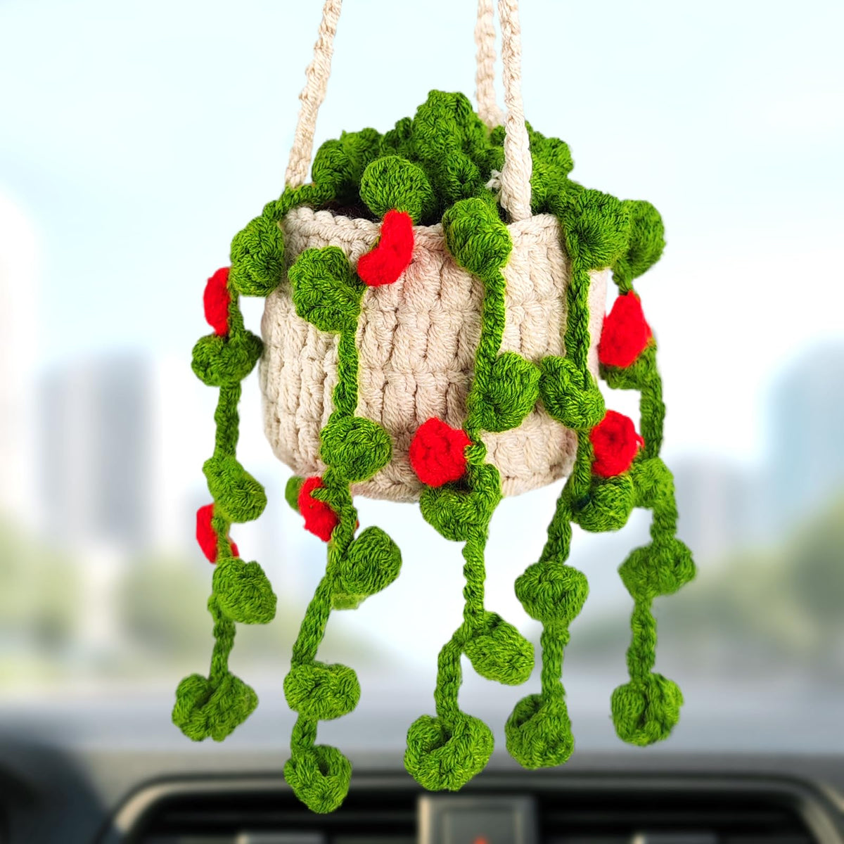 Crochet Strawberry and Flower Car Hanging Ornaments, Cute Aesthetic Rearview Mirror Hanging Accessories for Women and Girls, Handmade Polyester Fiber Car Decor 2-Pack