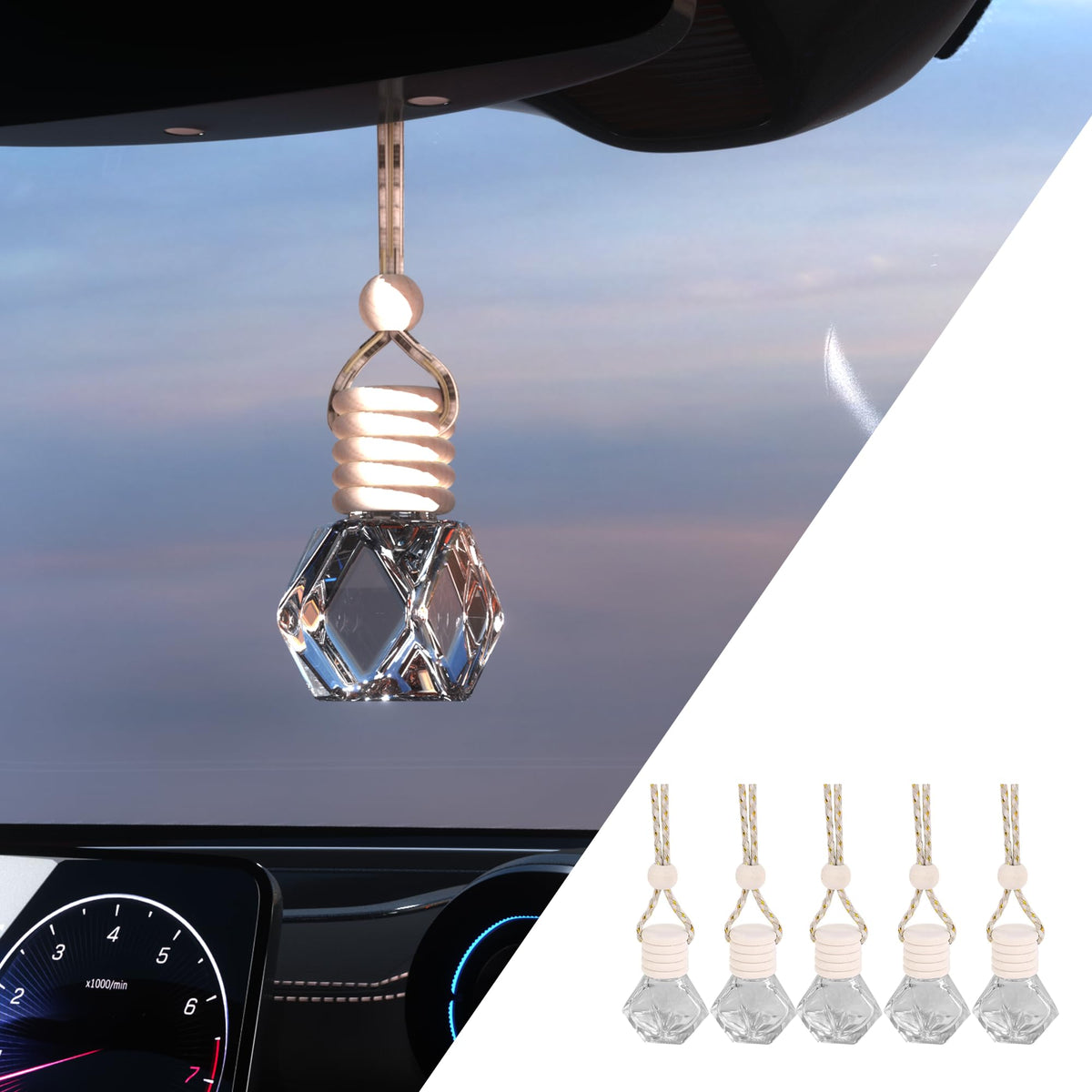 5PCS Hanging Car Air Freshener, Auto Interior Decoration 8 ml Oil Diffuser Perfume Aromatherapy Pendant Empty Glass Bottle, Fragrance Ornament with Vent Clip Wooden Cap and Rope (Heart)