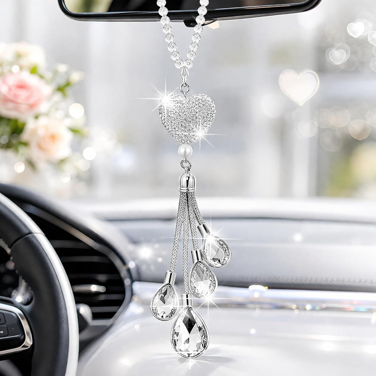 Frienda Bling Car Rearview Mirror Charm, 9.8 Inch, White