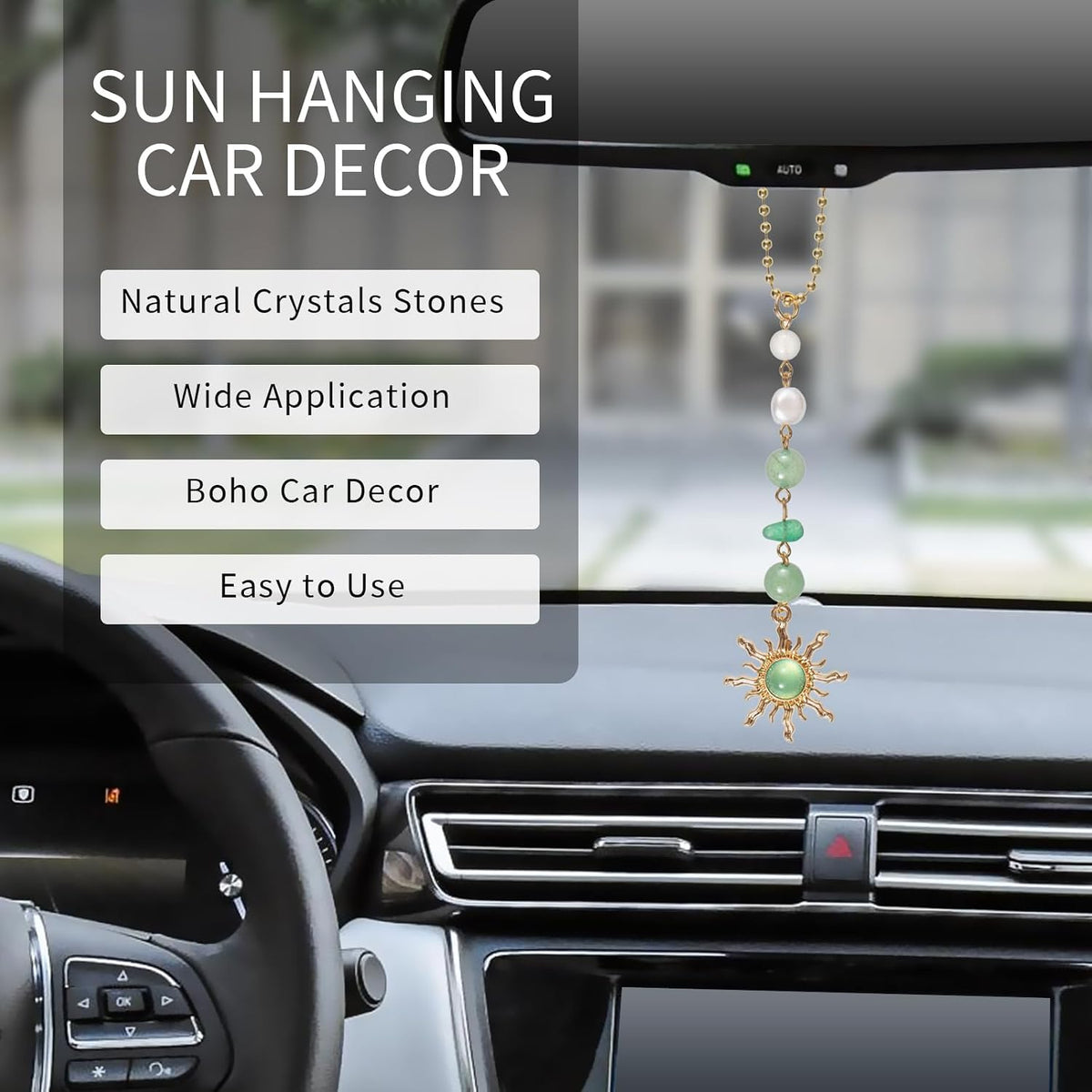 Sun Hanging Car Decor, Rear View Mirror Accessories, Cute Boho Car Accessories for Women, Handmade Charm, Natural Crystals Stones Ornament (Green Stone)