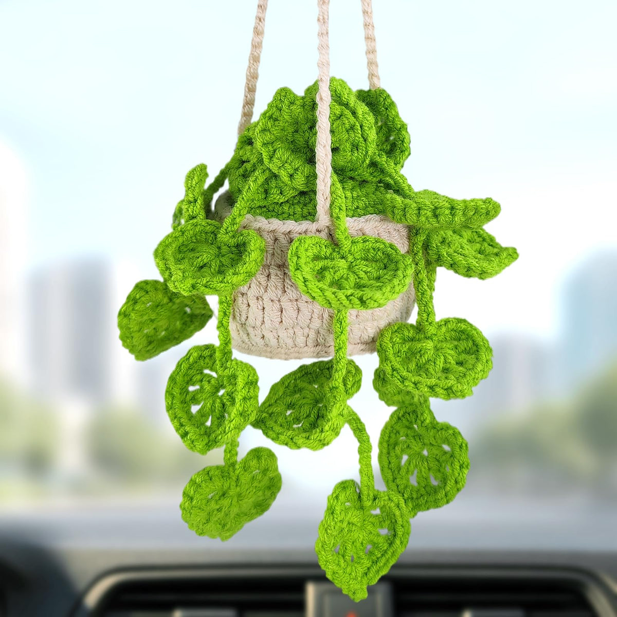 Crochet Strawberry and Flower Car Hanging Ornaments, Cute Aesthetic Rearview Mirror Hanging Accessories for Women and Girls, Handmade Polyester Fiber Car Decor 2-Pack