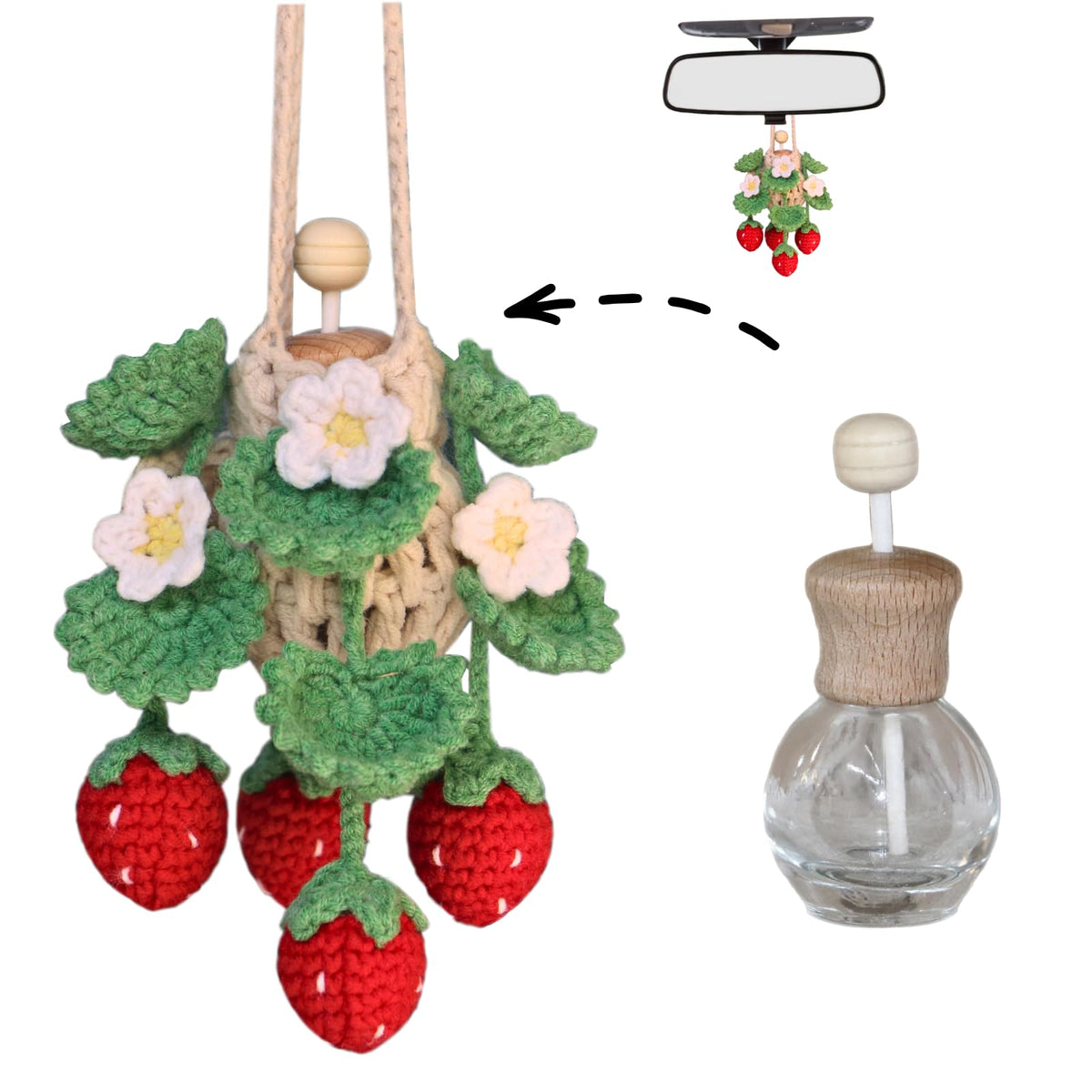 Cute Crochet Car Plant Monstera Essential Oil Diffuser Bottle - 12ml Refillable, Green Car Accessory for Mirror Decor and Home Decor