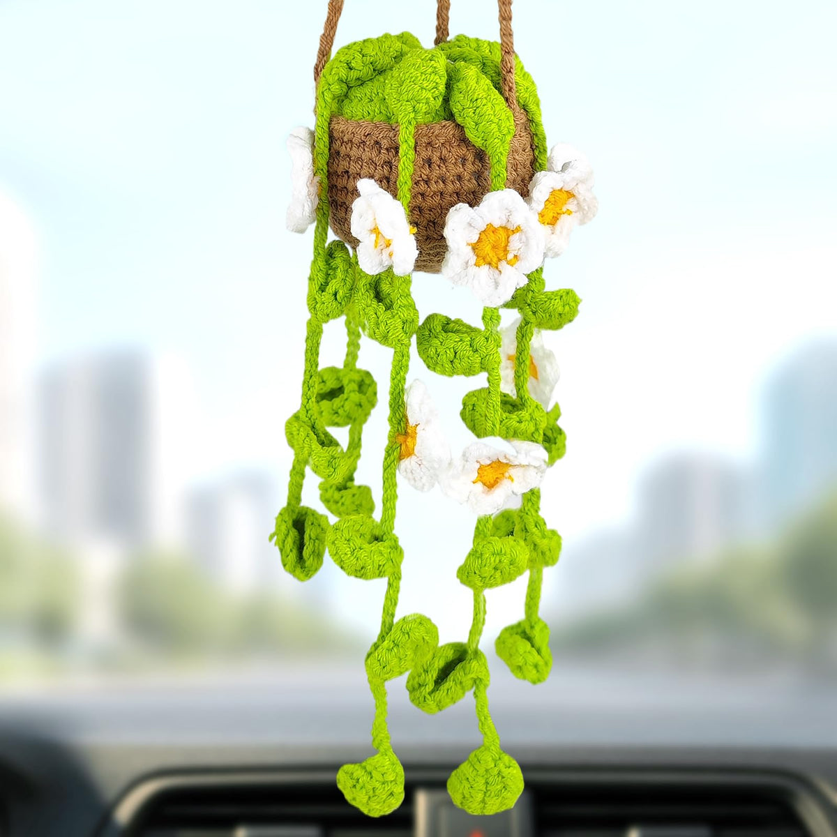 Crochet Strawberry and Flower Car Hanging Ornaments, Cute Aesthetic Rearview Mirror Hanging Accessories for Women and Girls, Handmade Polyester Fiber Car Decor 2-Pack