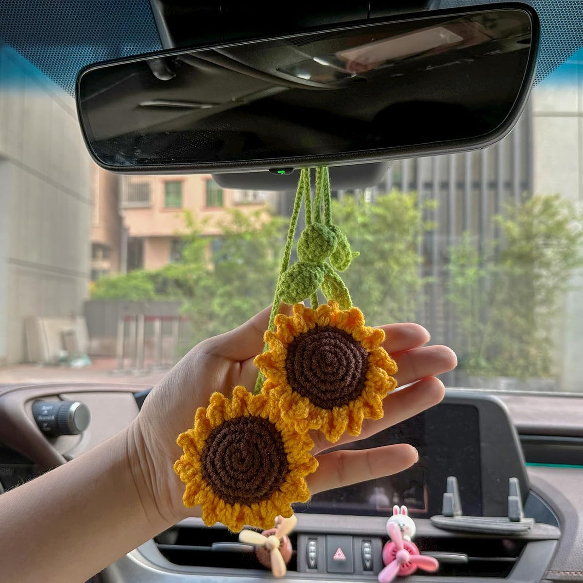 Refintural 2 Pieces Handmade Sunflower Car Accessories Sunflower Pendants Car Mirror Hanging Accessories