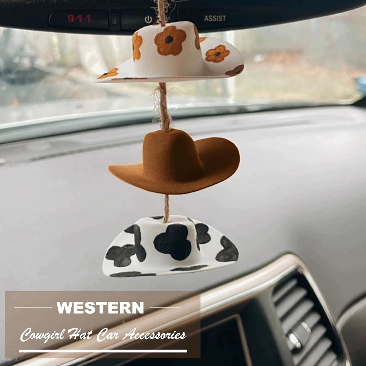 Cowboy Hat Car Charm,Cow Print Decor Rear View Mirror Hanging Accessories