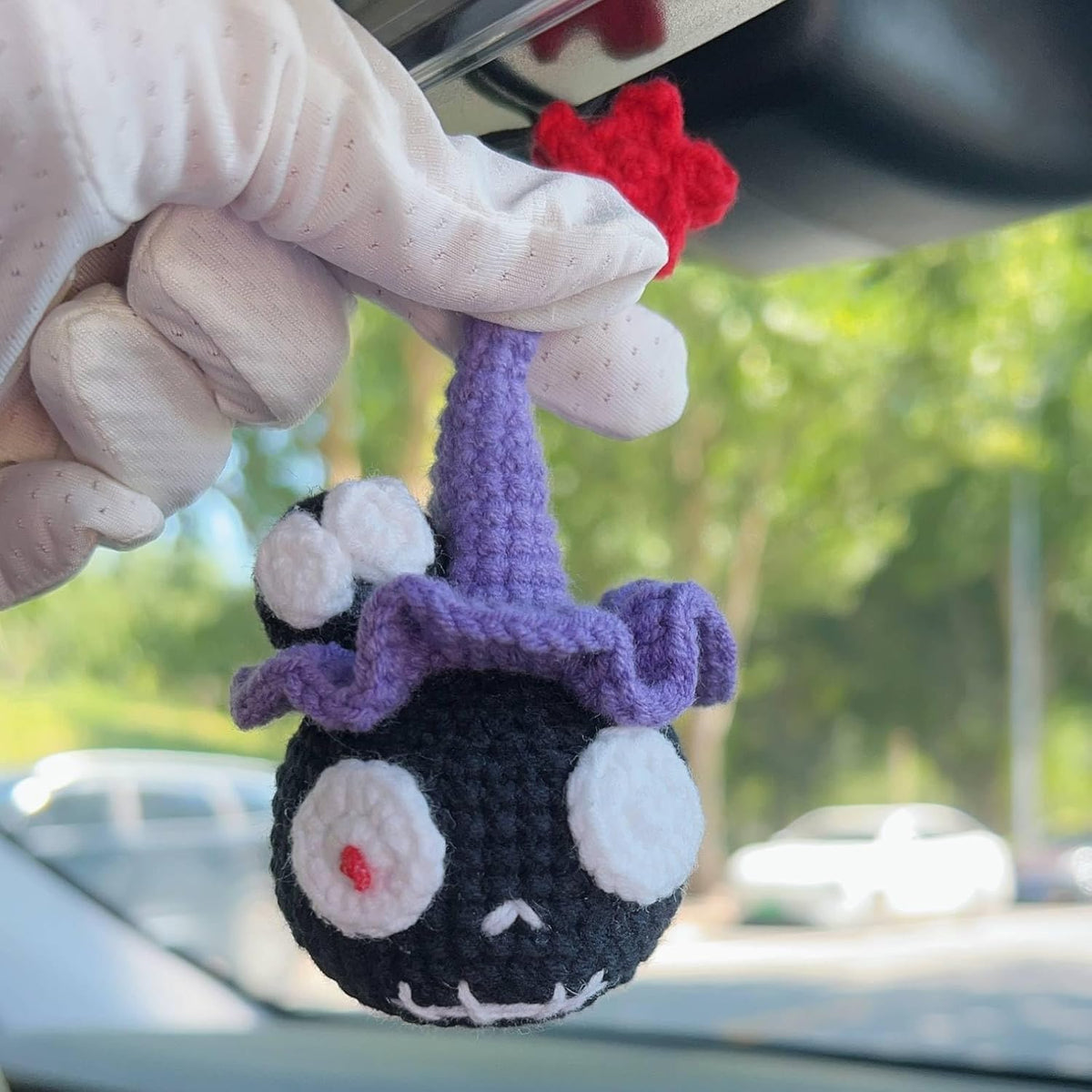 Hand Crocheted Cute Black Cartoon Hanging Ornament, Wool Car Rearview Mirror Charm, Decorative Pendant for Bag, Keychain & Home, Unique Handmade Gift (Black)