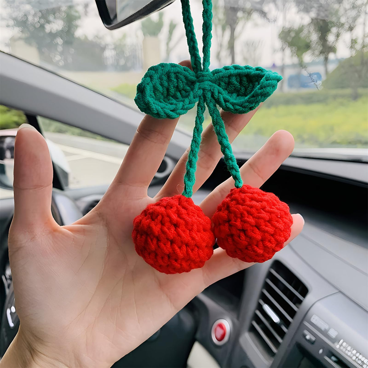 Cute Bowknot Love Car Mirror Hanger, Crochet Hand Knitted Rear View Mirror Accessory