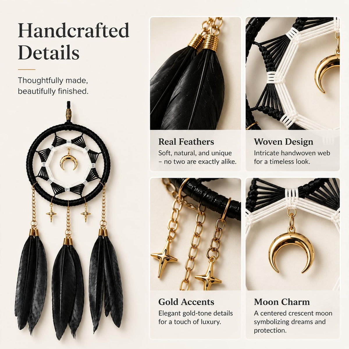 Dream Catchers for Car Small Moon Dreamcatcher Rear View Mirror Hanging Decor Car Charms Pendant Gift for Adults Black