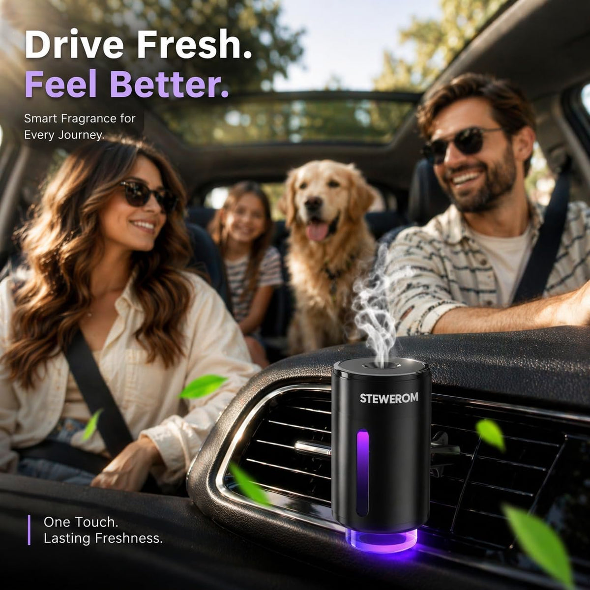 Car Air Freshener - Smart Adjustable 3-Speed Intensity, Rechargeable Humidifier Car Essential Oil Diffuser - Comes with 8 Bottles of 10ml Perfume (Black)