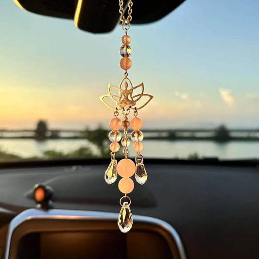 Hanging Car Charm, Handmade Car Mirror Hanging Accessories Rear View Mirror Decorations Crystals Stones Ornament Car Decor for Women Healing Crystal Accessories (Rose Lotus Flower)