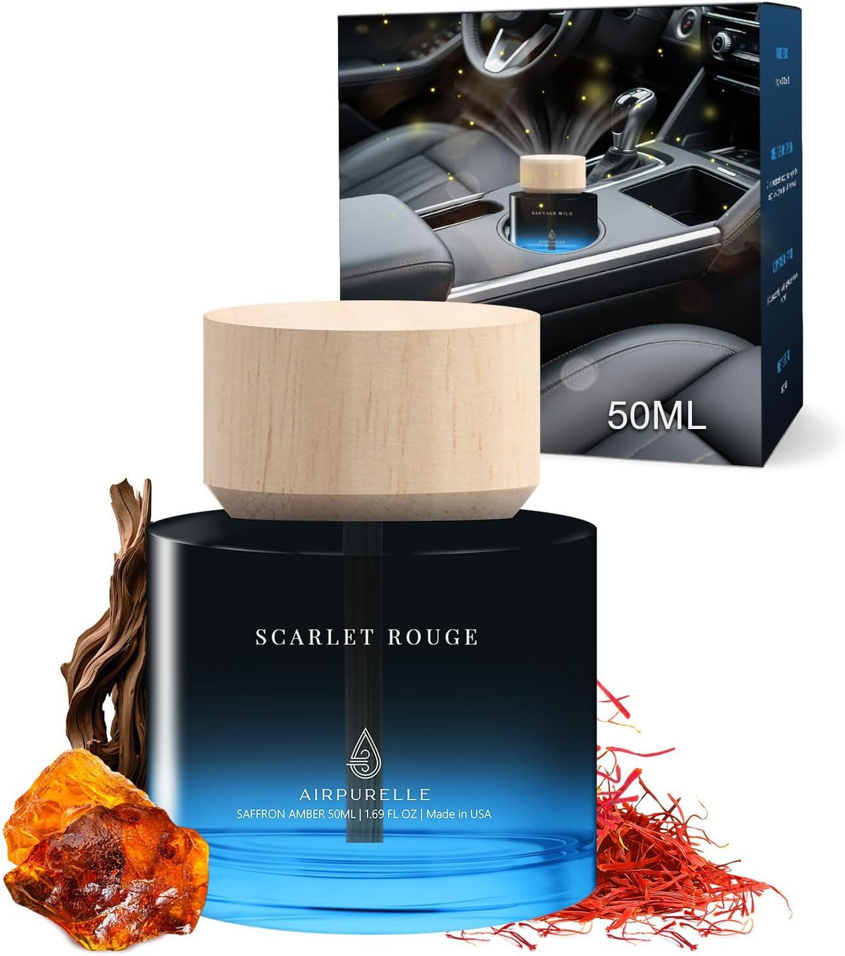 Car Air Freshener 50ML (1.7 FL OZ) Car Air Fresheners Diffuser, Amber Vanilla Fragrance Oil Car Air Freshner, 180+ days Long Lasting Car Perfume, Wooden Cup Design, Made in USA