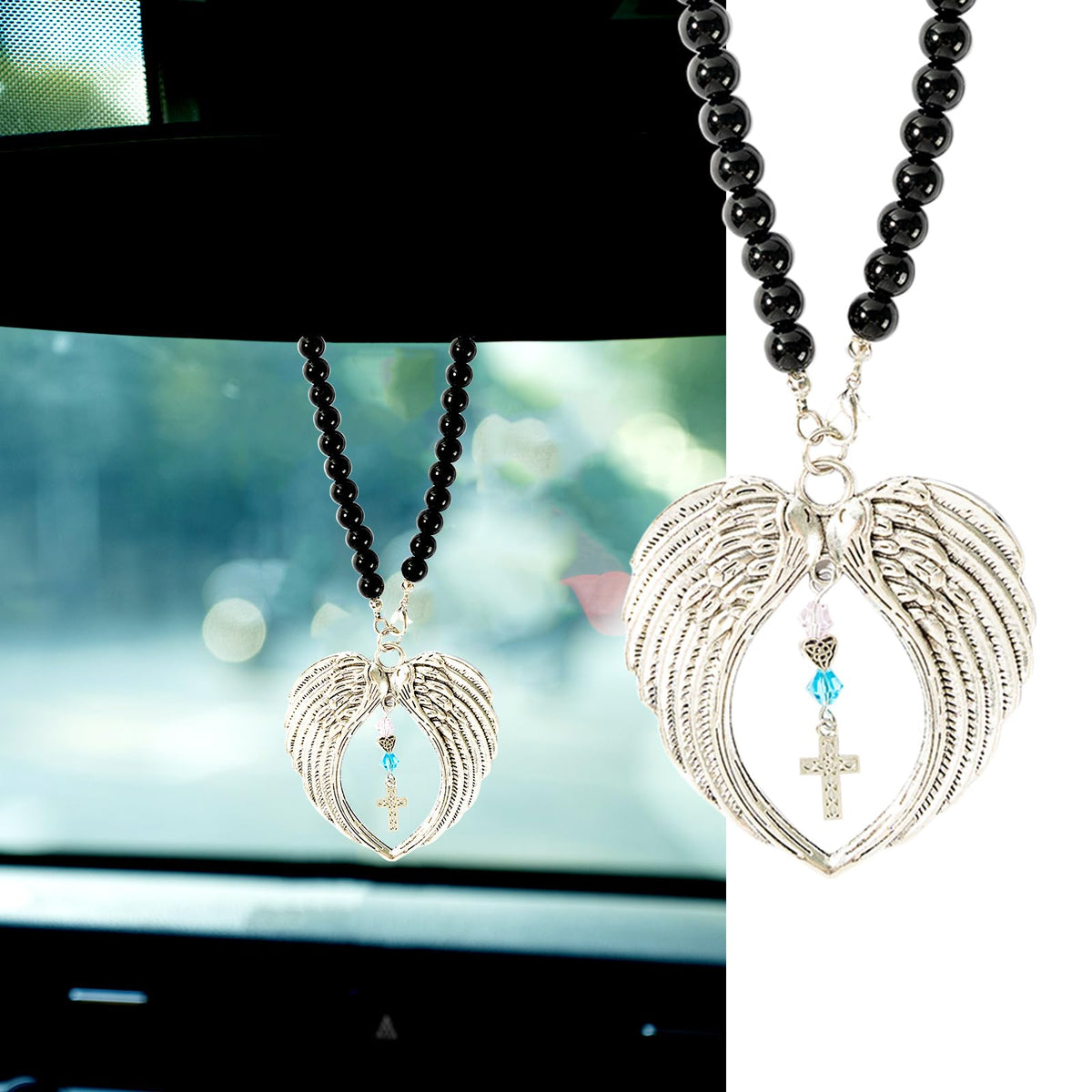 Rislobx Angel Wings Hanging Ornaments for Car Rear View Mirror, Metal Guardian Angel Wings Car Charm Pendant Rear View Mirror Hanger Decor for Lover Family Christian Gifts