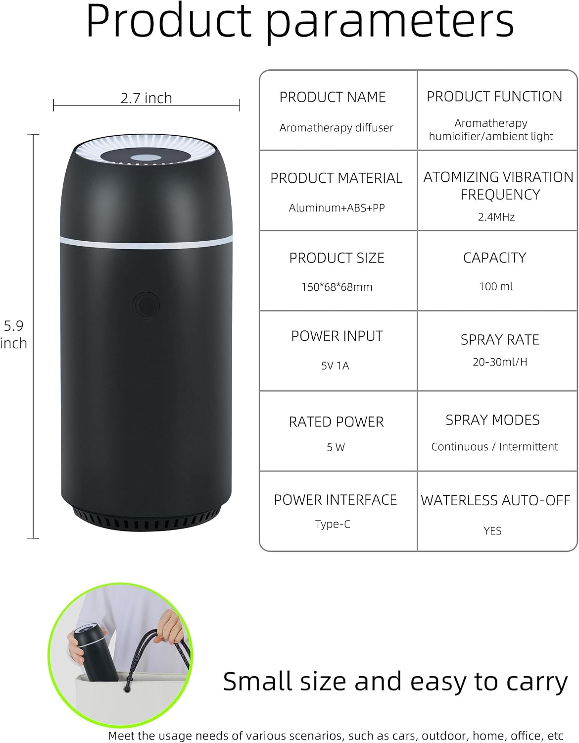 Car Diffuser for Essential Oils Portable Mini Ultrasonic Mist Humidifier 100ml USB Aromatherapy Diffuser Freshener with Colorful Lights for Small Space Home Office Bedroom (Black)