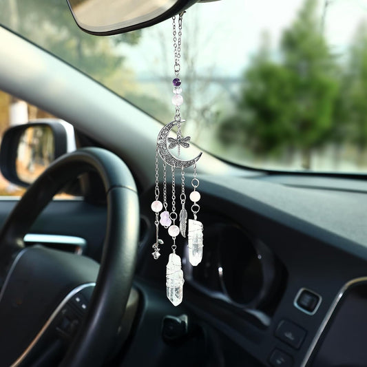Car Rear View Mirror Accessories Car Hanging Ornament,Witchy Butterfly&Moon Rearview Decor Charm White Jade Beaded Crystal Boho Handmade Unique Cute Swinging Interior Decor for Women Men