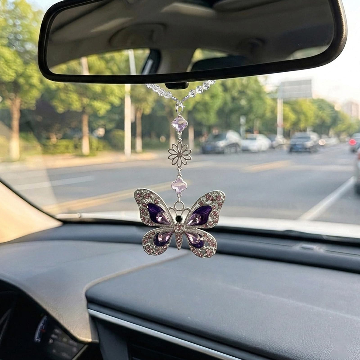 Butterfly Car Accessories Rearview Mirror Hanging Charm, Crystal Suncatcher Car Decor for Women, Aesthetic Hanging Crystals Rainbow Maker Ornament for Automotive Windows Home Room (Pink)