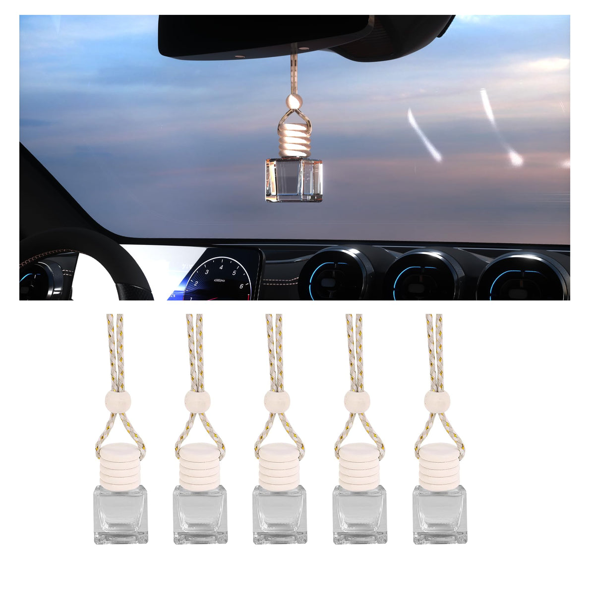 5PCS Hanging Car Air Freshener, Auto Interior Decoration 8 ml Oil Diffuser Perfume Aromatherapy Pendant Empty Glass Bottle, Fragrance Ornament with Vent Clip Wooden Cap and Rope (Heart)