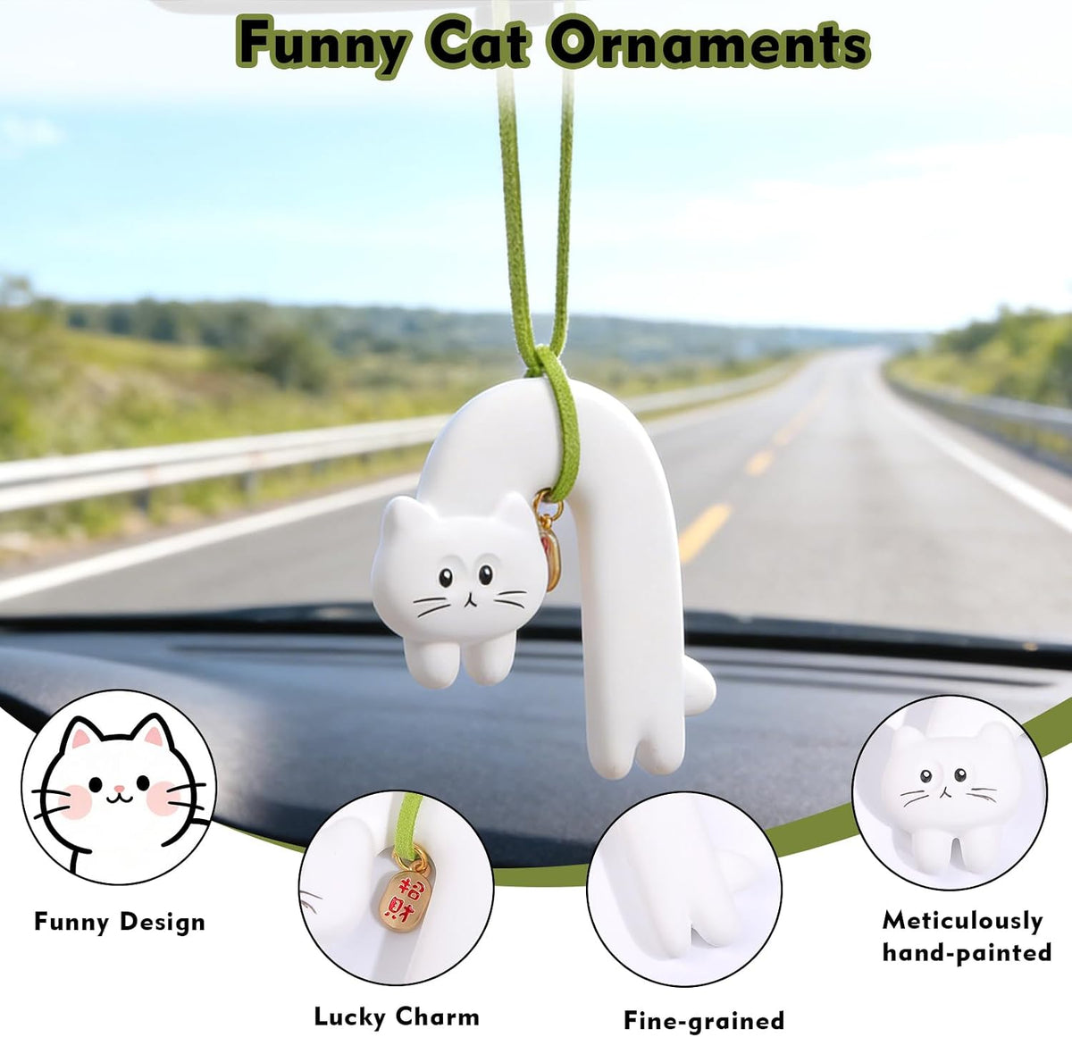 YGMONER Cute Cat Car Mirror Hanging Accessories, Pink Polka Dot Kitten Car Interior Rearview Mirror Gypsum Dangle Ornaments, Gifts for Women (White)