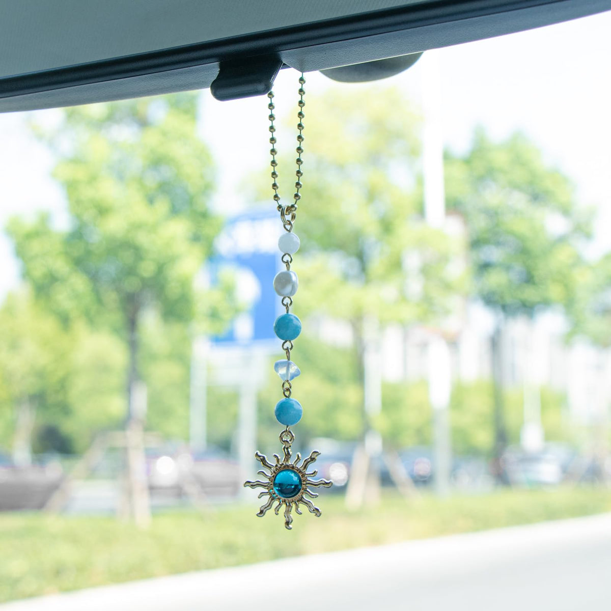 Sun Hanging Car Decor, Rear View Mirror Accessories, Cute Boho Car Accessories for Women, Handmade Charm, Natural Crystals Stones Ornament (Green Stone)