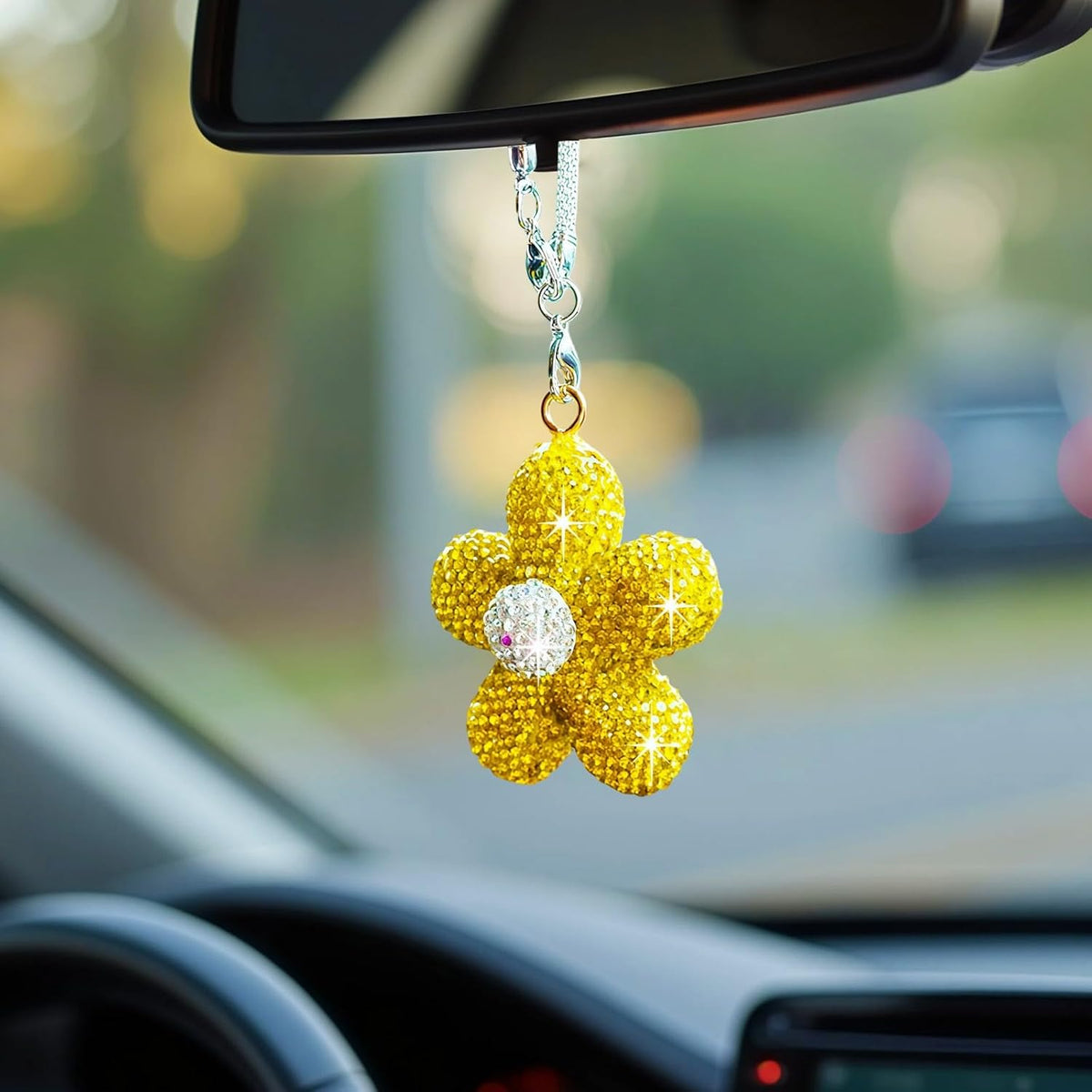 Bling Daisy Flower Car Hanging Ornament for Women, Cute Crystal Rear View Mirror Pendant Charms Sparkly Diamond Aesthetic Automotive Interior Decor Accessories (Yellow)