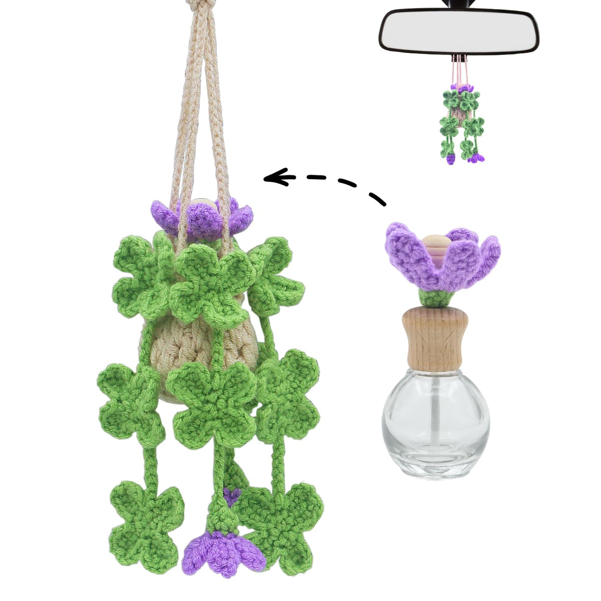 Cute Crochet Car Plant Monstera Essential Oil Diffuser Bottle - 12ml Refillable, Green Car Accessory for Mirror Decor and Home Decor