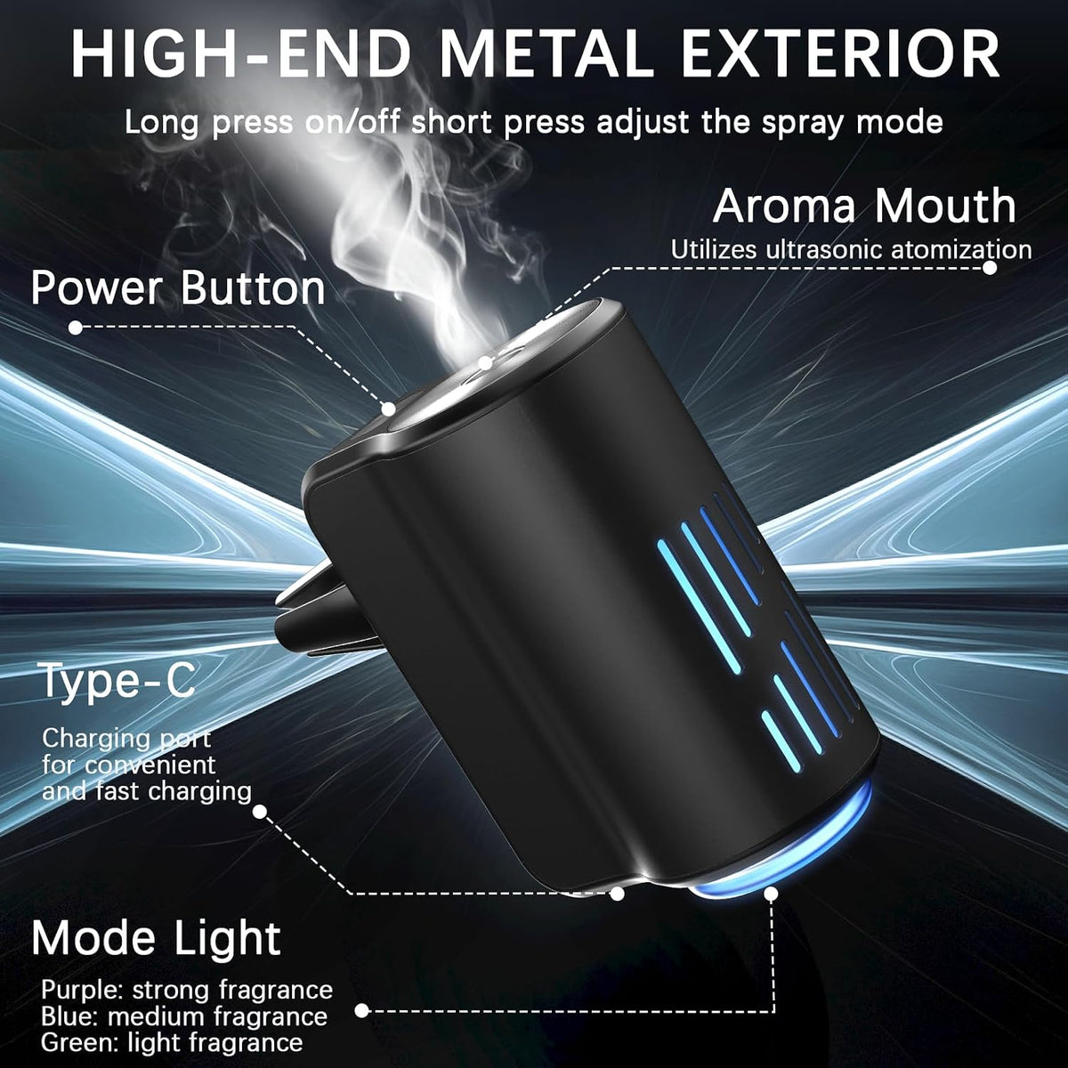 Car Air Freshener Diffuser, Smart Car Air Freshener with Three Adjustable Light Modes, Rechargeable Aromatizante Para Carro with 8pcs Essential Oil,Long Lasting, Black