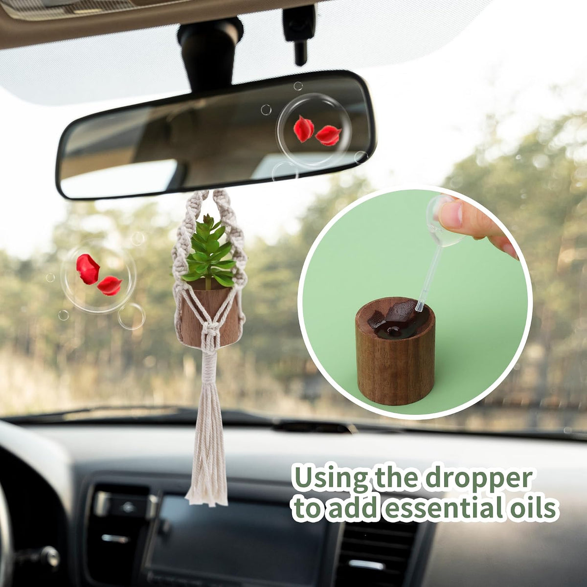2 Pack Plant Car Mirror Hanging Accessories Cute Crochet Plant Car Air Freshener with Wooden Essential Oil Diffusers Reusable Mini Macrame Boho Plant for Rear View Mirror Home Office Decor