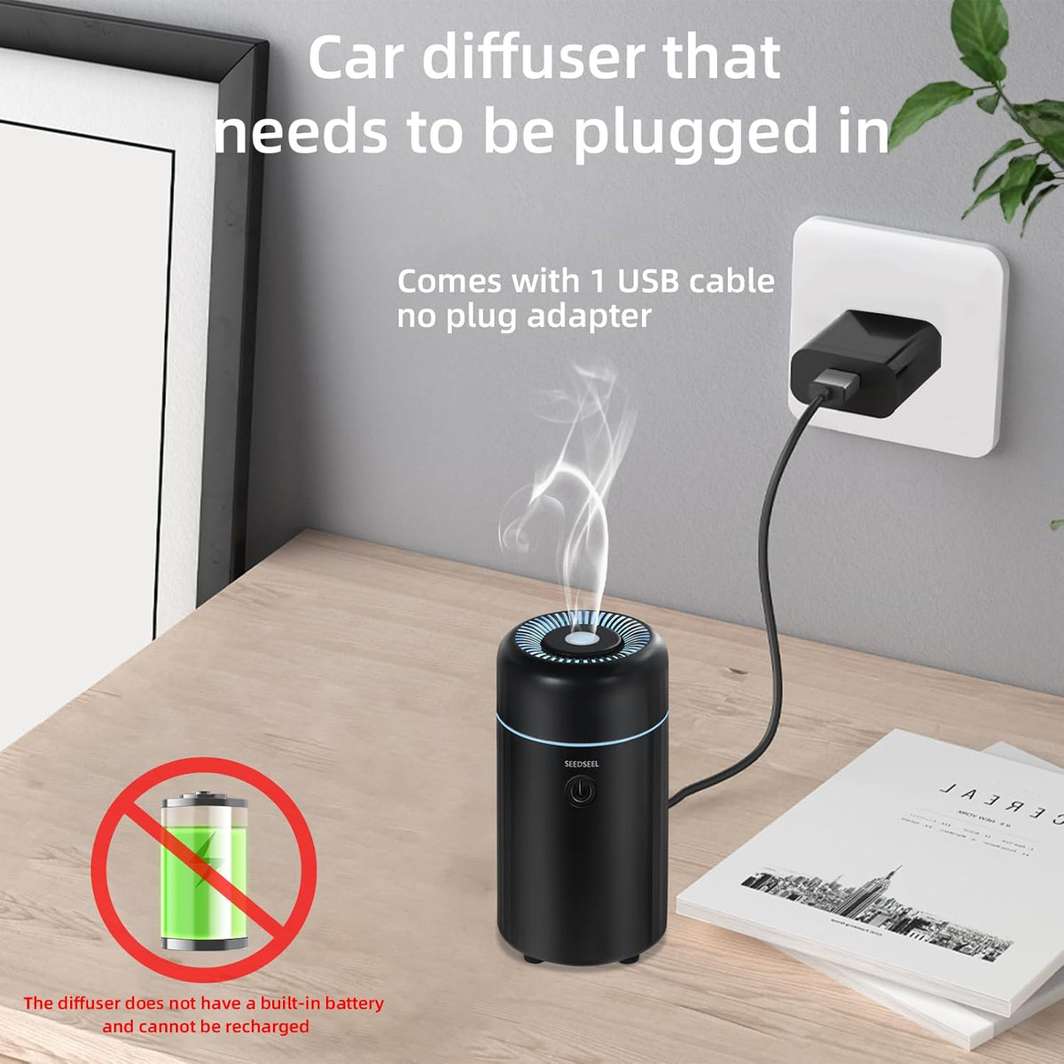 SEEDSEEL Car Aromatherapy Diffusers for Essential Oils，Mini USB Air Scent Small Humidifier with 7-LED Color Changing for Car Room Home Office Bedroom